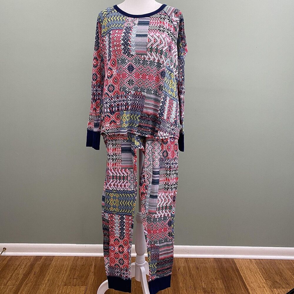 Victorias Secret Pajamas Set Womens Large Thermal Patchwork Fair Isle Winter